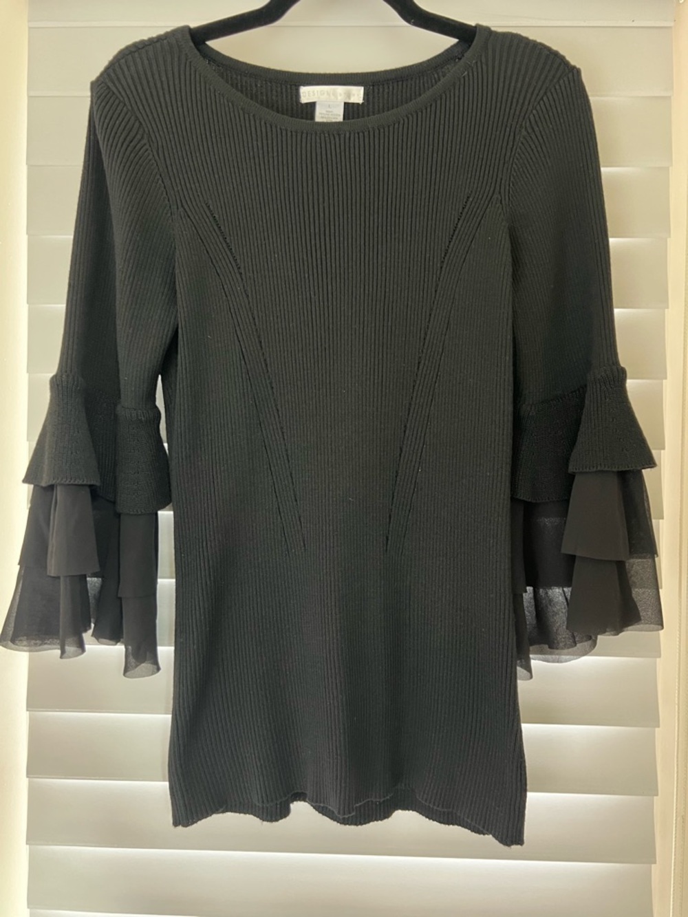 Design History Black Ribbed Knit Dress with Tiered Ruffle Sleeves
